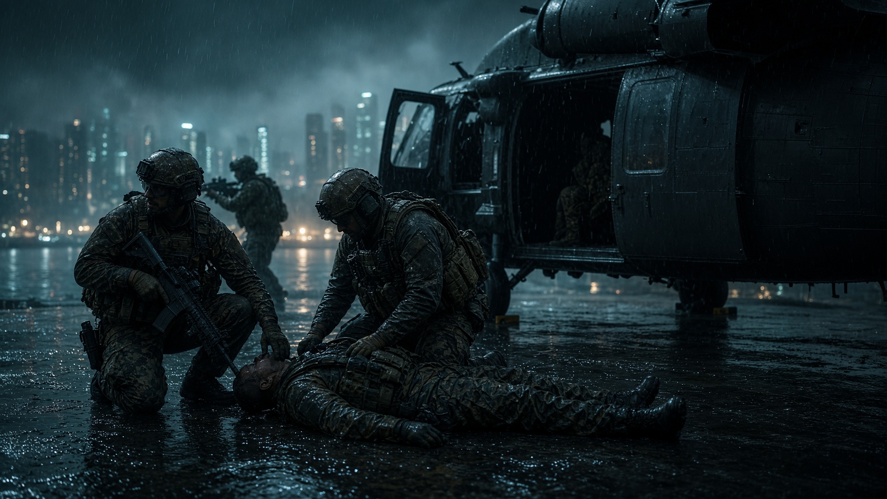 Marine Raiders extracting under rain